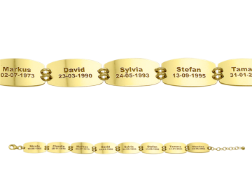 1 gouden armband 8 plaatjes met naam en datum