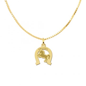 1 paarden hanger met hoefijzer en gravure van goud