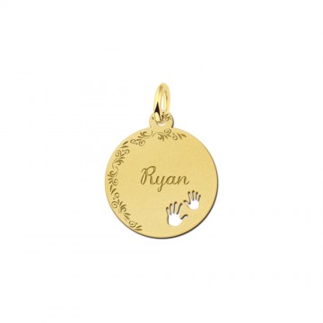 2 gouden hangertje rond met je naam met bloemrand en handjes