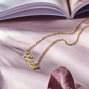 2 gouden naamketting met geboortesteen model emilia