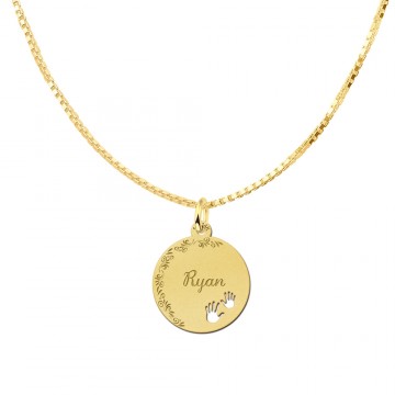 3 gouden hangertje rond met je naam met bloemrand en handjes