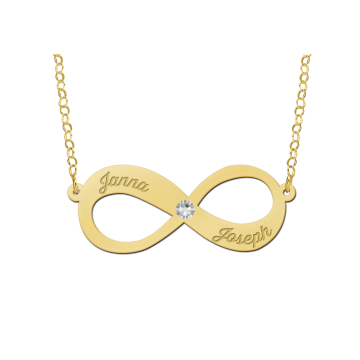 Gouden hanger infinity twee namen zirkonia