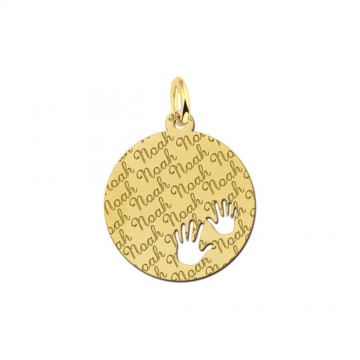 Gouden hangertje met naam rond met 2 handjes