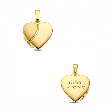Gouden hart medaillon met gravure in glanzend en mat