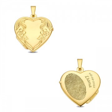 Gouden medaillon hart met bloemen en gravure