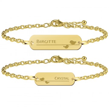 Gouden moederdochterarmband bar met naam en vogels