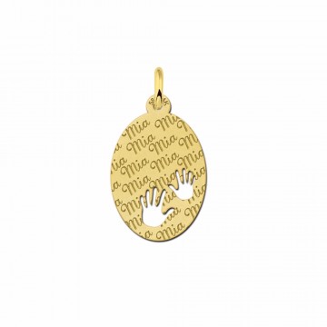 Gouden naamplaatje laten graveren met 2 kinderhandjes