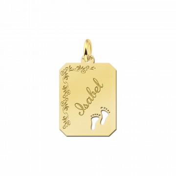 Gouden naamplaatje met bloemmotief en voetjes