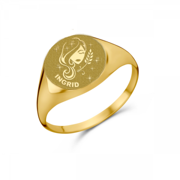 Gouden zegelring rond met horoscoop en gravure